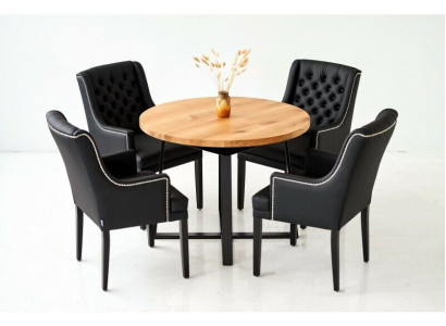 Moderne Esszimmer Möbel Edler Runder Holztisch + x6 Chesterfield Lederstühle 7tlg. Set